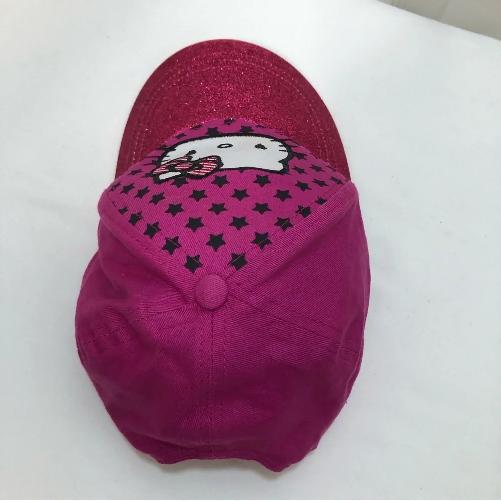 Hello Kitty Sanrio Glitter Stars‎ Hot Pink Black Hat Cap Adjustable Youth Teen